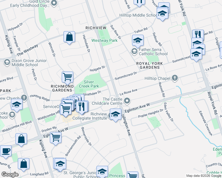 map of restaurants, bars, coffee shops, grocery stores, and more near in Toronto
