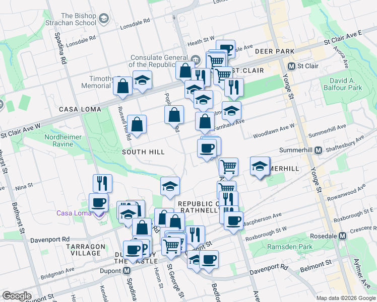 map of restaurants, bars, coffee shops, grocery stores, and more near 34 Edmund Avenue in Toronto