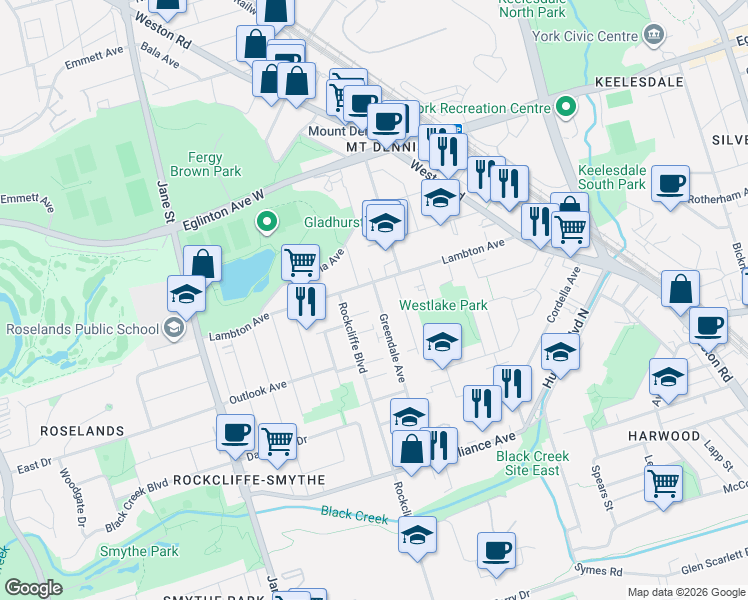 map of restaurants, bars, coffee shops, grocery stores, and more near 4 Greendale Avenue in Toronto