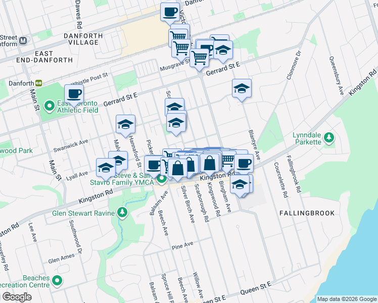 map of restaurants, bars, coffee shops, grocery stores, and more near 339 Scarborough Road in Toronto