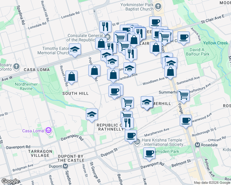 map of restaurants, bars, coffee shops, grocery stores, and more near 398 Avenue Road in Toronto