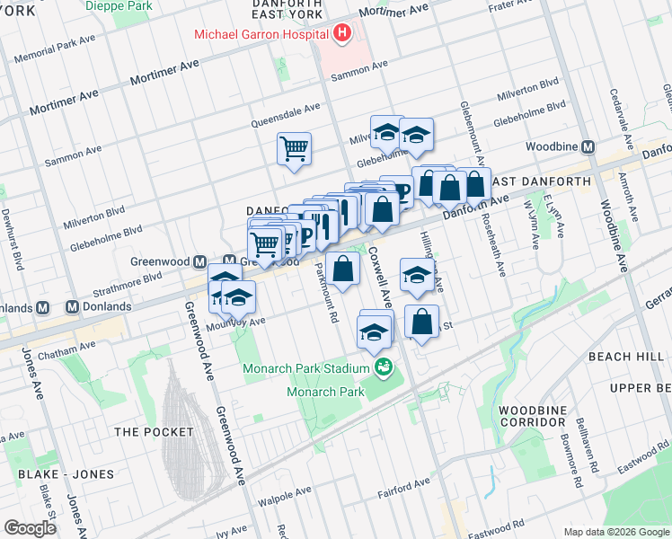 map of restaurants, bars, coffee shops, grocery stores, and more near in Toronto