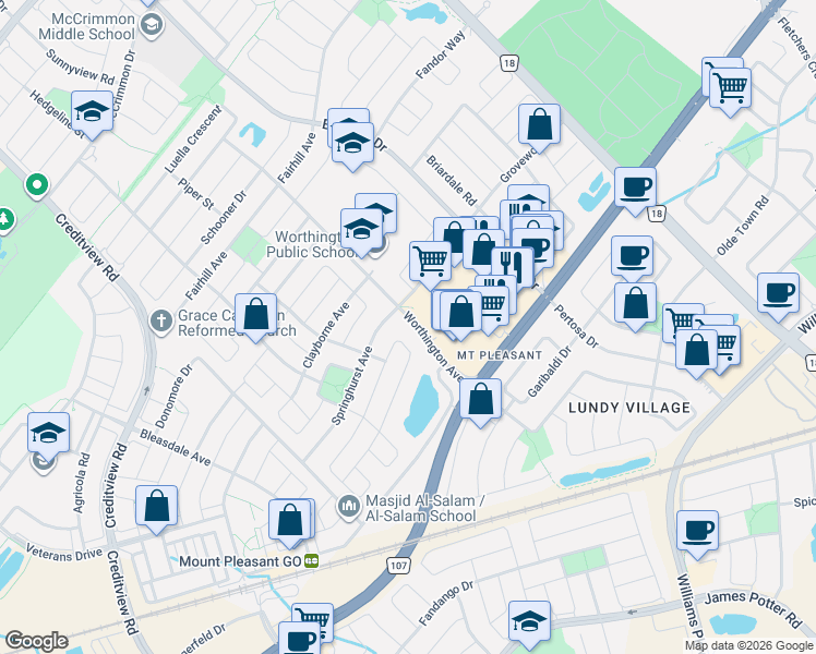 map of restaurants, bars, coffee shops, grocery stores, and more near 34 Worthington Avenue in Brampton