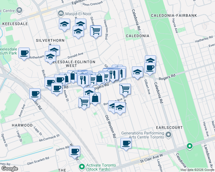 map of restaurants, bars, coffee shops, grocery stores, and more near in Toronto