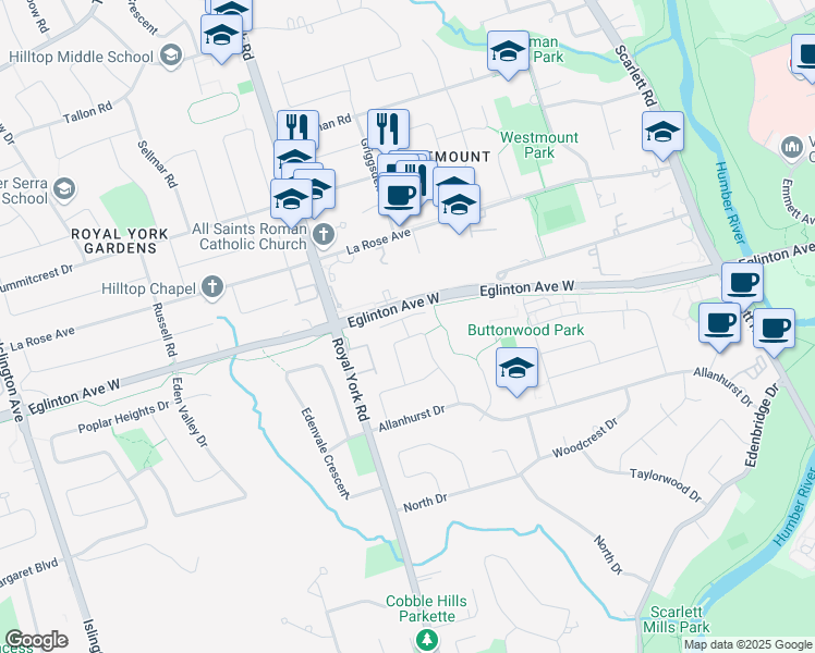 map of restaurants, bars, coffee shops, grocery stores, and more near 35 Swordbill Drive in Toronto