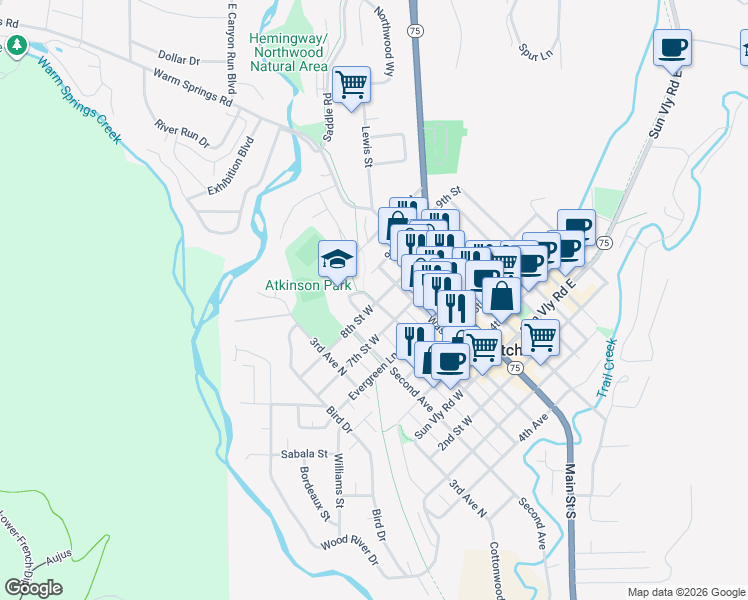 map of restaurants, bars, coffee shops, grocery stores, and more near Wood River Trails in Ketchum