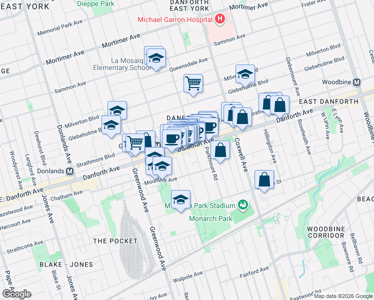 map of restaurants, bars, coffee shops, grocery stores, and more near 1389 Danforth Avenue in Toronto