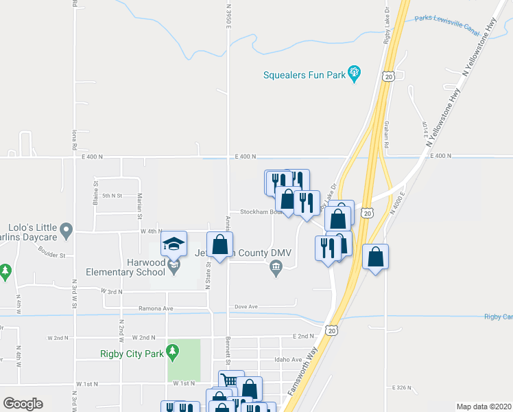 map of restaurants, bars, coffee shops, grocery stores, and more near 694 Annis Highway in Rigby