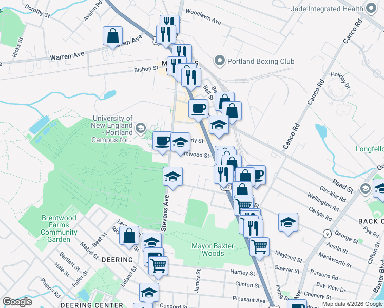 map of restaurants, bars, coffee shops, grocery stores, and more near 16 Waverly Street in Portland