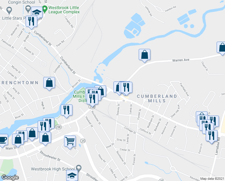 map of restaurants, bars, coffee shops, grocery stores, and more near 35-69 Cumberland St in Westbrook