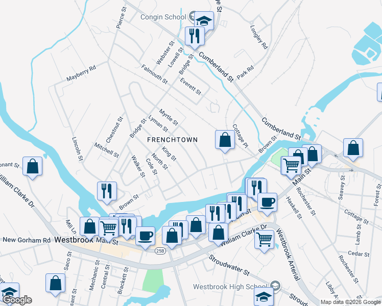 map of restaurants, bars, coffee shops, grocery stores, and more near 55 Lyman Street in Westbrook