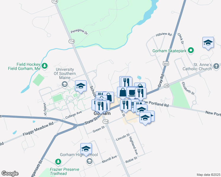 map of restaurants, bars, coffee shops, grocery stores, and more near 24 Glenwood Avenue in Gorham