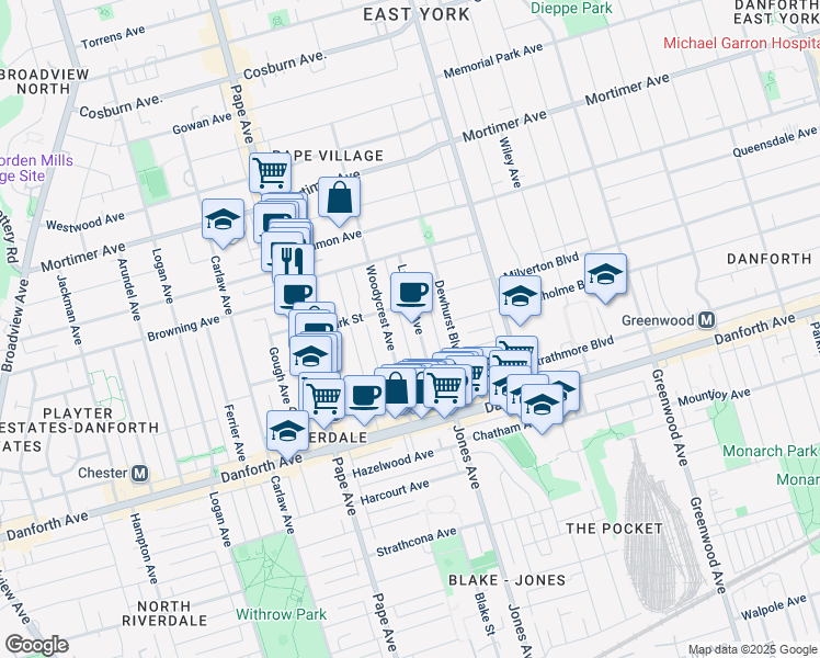 map of restaurants, bars, coffee shops, grocery stores, and more near in Toronto