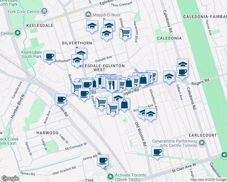 map of restaurants, bars, coffee shops, grocery stores, and more near 97 Kersdale Avenue in Toronto