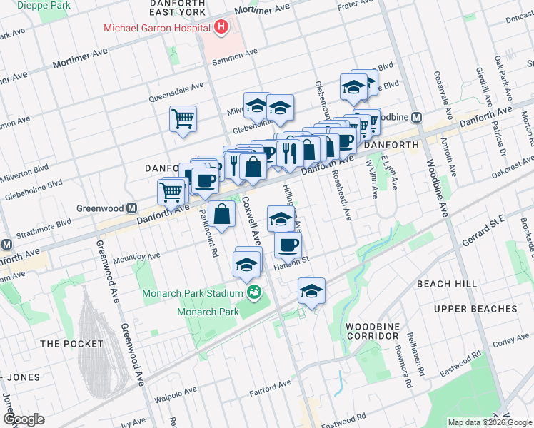 map of restaurants, bars, coffee shops, grocery stores, and more near 22 Woodrow Avenue in Toronto