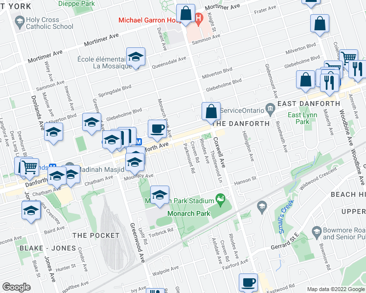 map of restaurants, bars, coffee shops, grocery stores, and more near 216 Parkmount Road in Toronto