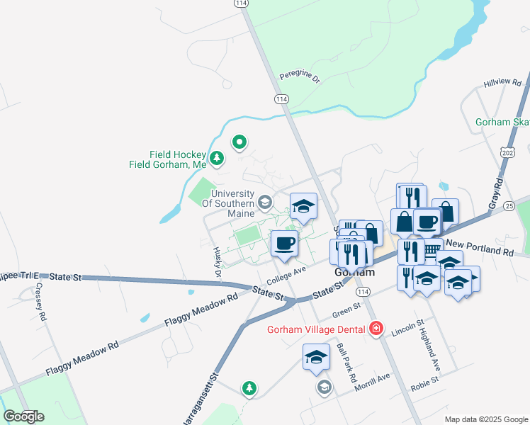 map of restaurants, bars, coffee shops, grocery stores, and more near 37 College Avenue in Gorham