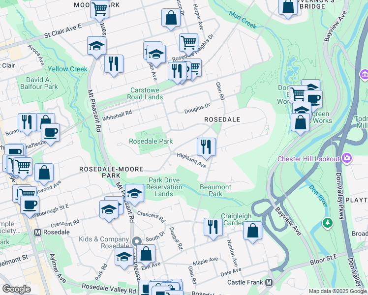 map of restaurants, bars, coffee shops, grocery stores, and more near 111 Roxborough Drive in Toronto