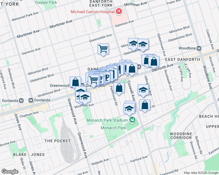 map of restaurants, bars, coffee shops, grocery stores, and more near 1448 Danforth Avenue in Toronto