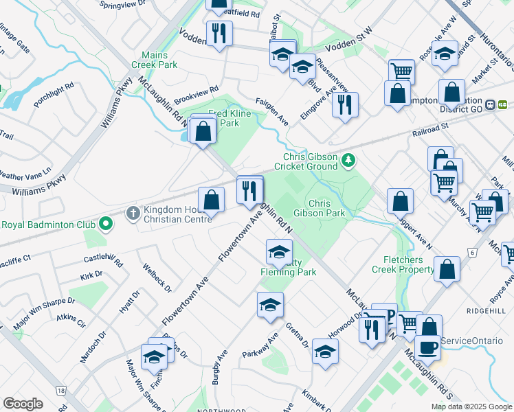 map of restaurants, bars, coffee shops, grocery stores, and more near 110 McLaughlin Road North in Brampton