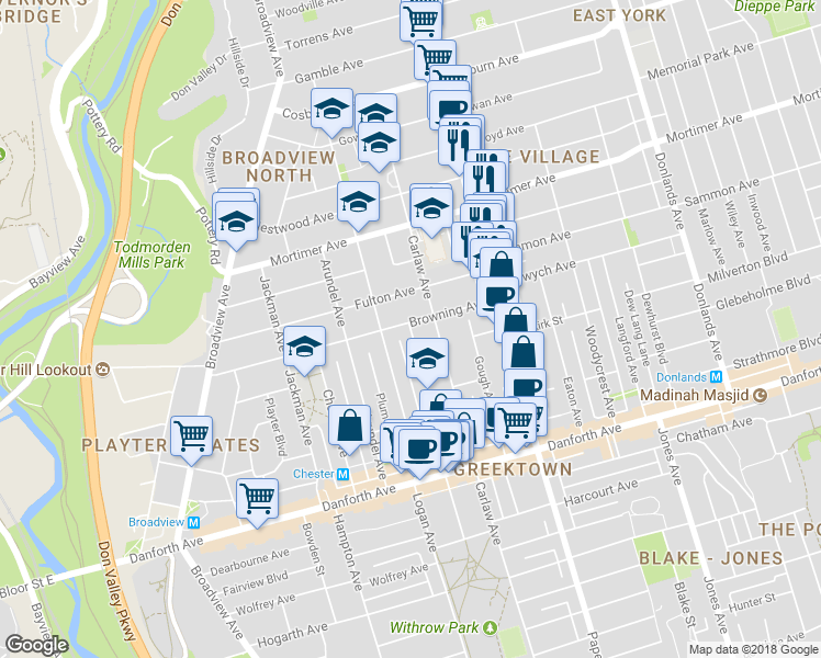map of restaurants, bars, coffee shops, grocery stores, and more near 134 Ferrier Ave in Toronto