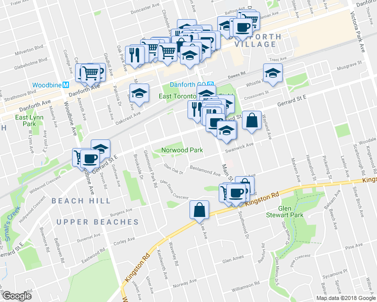 map of restaurants, bars, coffee shops, grocery stores, and more near 7 Norwood Road in Toronto