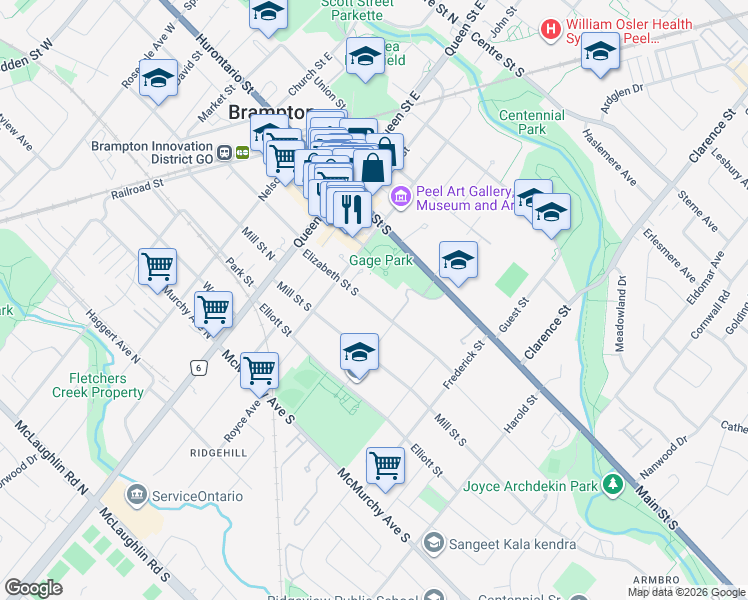map of restaurants, bars, coffee shops, grocery stores, and more near 46 Elizabeth Street South in Brampton