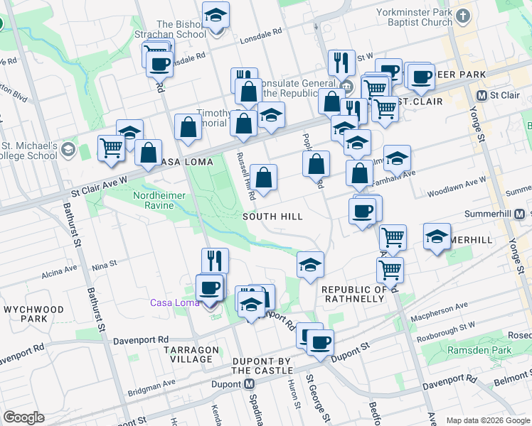 map of restaurants, bars, coffee shops, grocery stores, and more near 77 Clarendon Avenue in Toronto