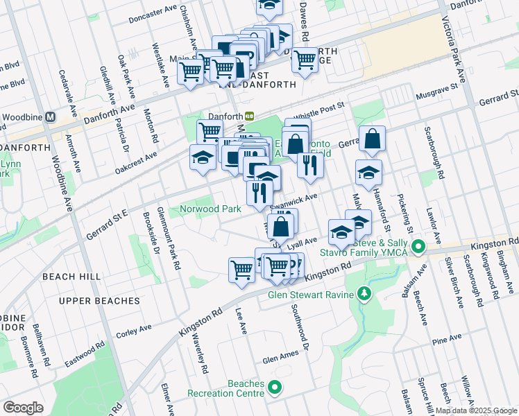map of restaurants, bars, coffee shops, grocery stores, and more near 100 Main Street in Toronto