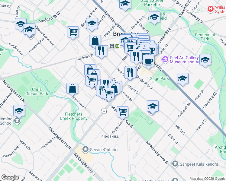 map of restaurants, bars, coffee shops, grocery stores, and more near 8 West Street in Brampton