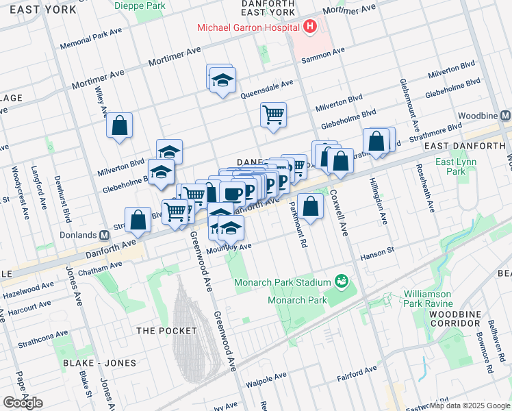 map of restaurants, bars, coffee shops, grocery stores, and more near Danforth Ave & Gillard Ave in Toronto