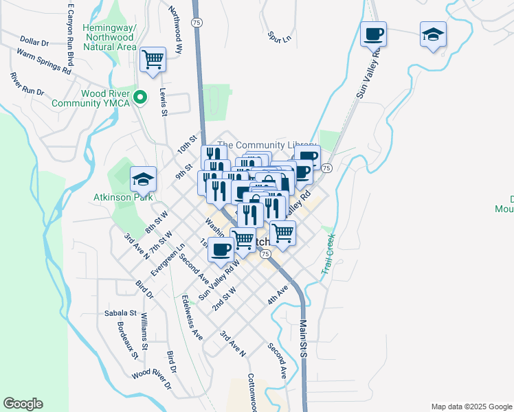 map of restaurants, bars, coffee shops, grocery stores, and more near 451 4th Street East in Ketchum