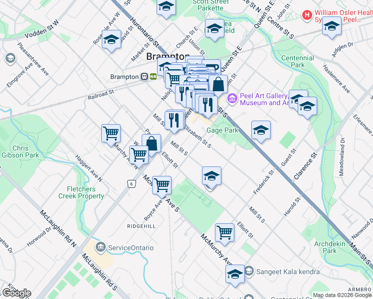map of restaurants, bars, coffee shops, grocery stores, and more near 18 Mill Street South in Brampton