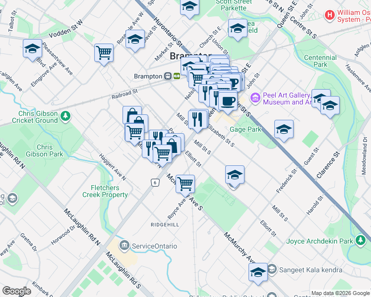 map of restaurants, bars, coffee shops, grocery stores, and more near 159 Queen Street West in Brampton