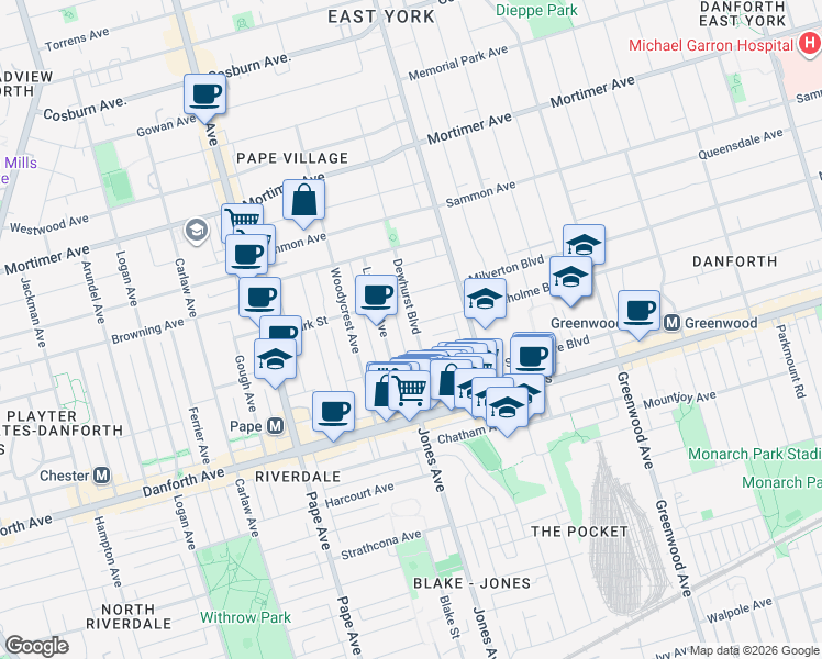 map of restaurants, bars, coffee shops, grocery stores, and more near 78 Dewhurst Boulevard in Toronto