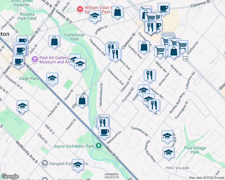 map of restaurants, bars, coffee shops, grocery stores, and more near 9 Crestview Avenue in Brampton