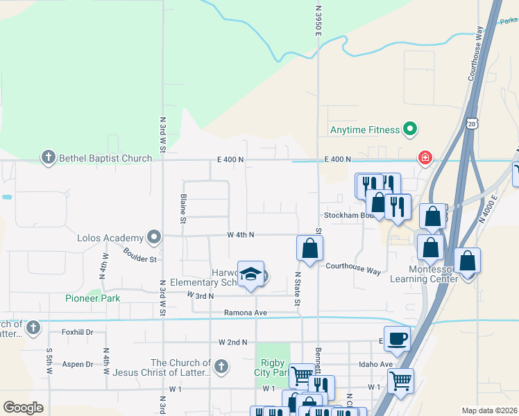 map of restaurants, bars, coffee shops, grocery stores, and more near 555 Bitter Root Street in Rigby