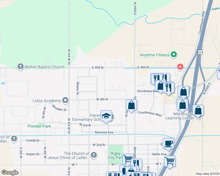 map of restaurants, bars, coffee shops, grocery stores, and more near 555 Bitter Root Street in Rigby