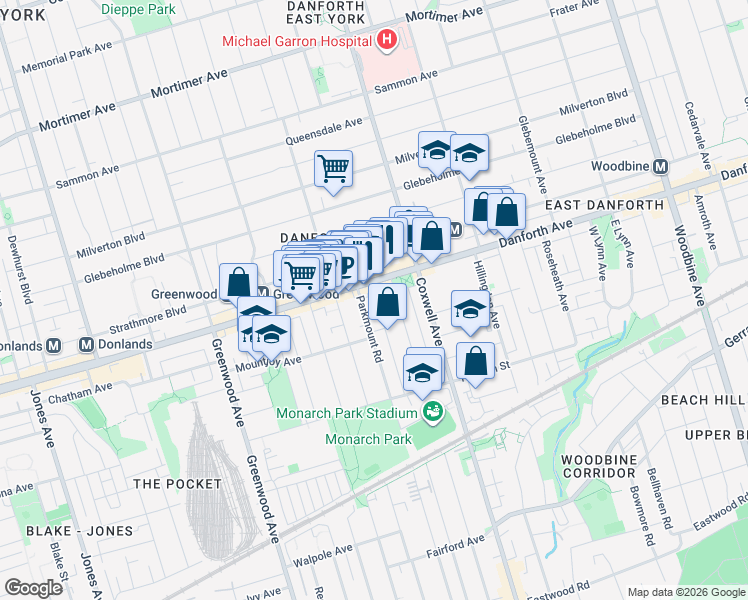map of restaurants, bars, coffee shops, grocery stores, and more near 1448 Danforth Avenue in Toronto