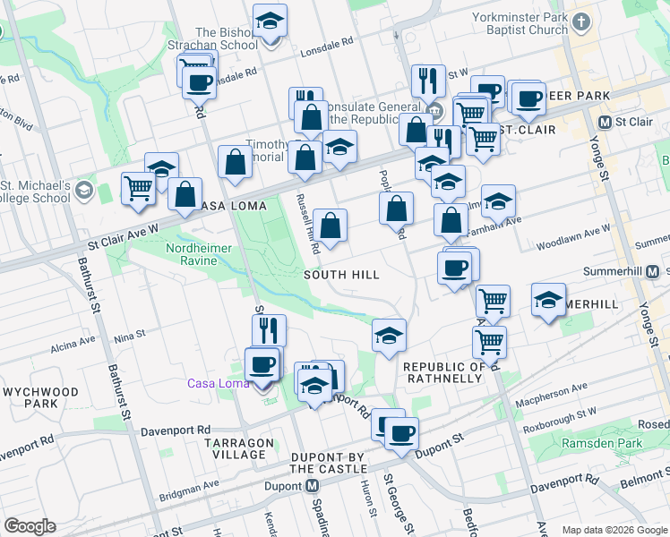 map of restaurants, bars, coffee shops, grocery stores, and more near 77 Clarendon Avenue in Toronto