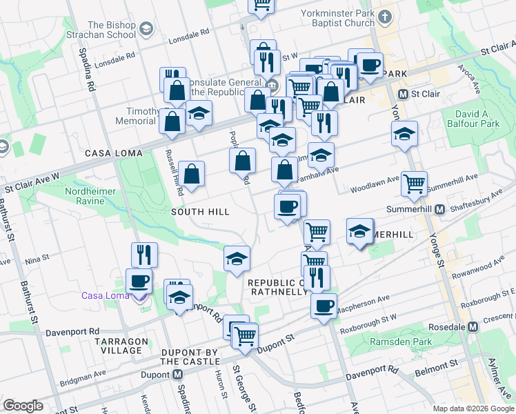 map of restaurants, bars, coffee shops, grocery stores, and more near 195 Poplar Plains Road in Toronto
