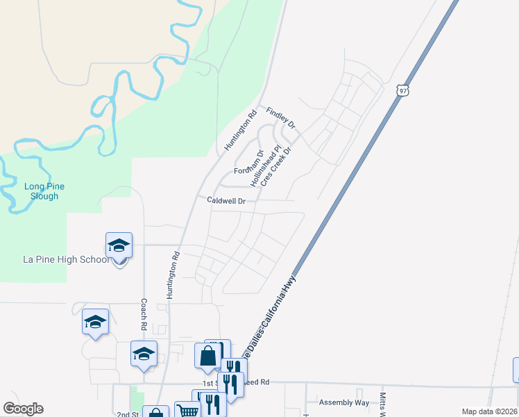 map of restaurants, bars, coffee shops, grocery stores, and more near 16537 Charlotte Day Drive in La Pine