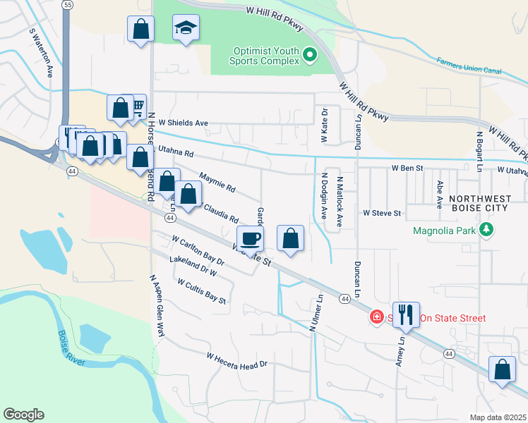 map of restaurants, bars, coffee shops, grocery stores, and more near 7534 Gardener Lane in Boise