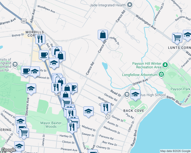 map of restaurants, bars, coffee shops, grocery stores, and more near 29 Glengarden Street in Portland