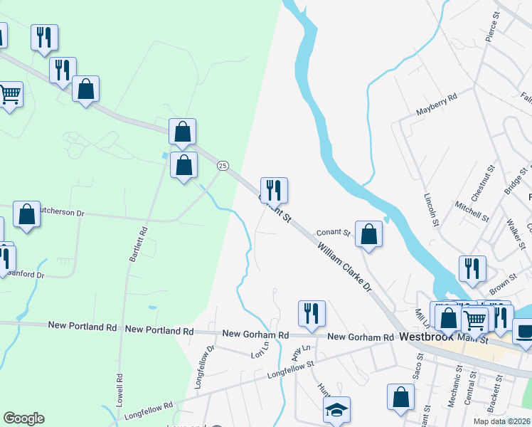 map of restaurants, bars, coffee shops, grocery stores, and more near 300 Conant Street in Westbrook
