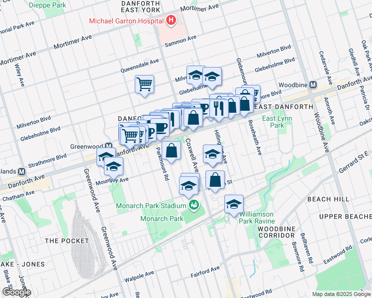map of restaurants, bars, coffee shops, grocery stores, and more near in Toronto