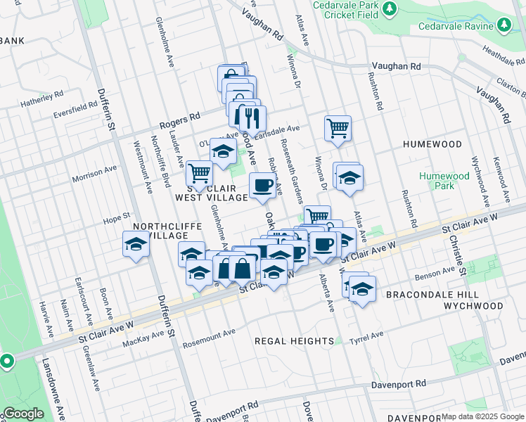 map of restaurants, bars, coffee shops, grocery stores, and more near in Toronto
