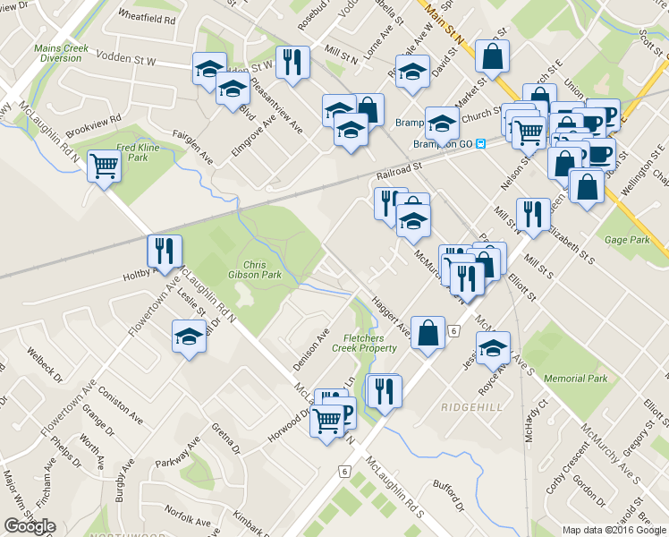 map of restaurants, bars, coffee shops, grocery stores, and more near in Brampton