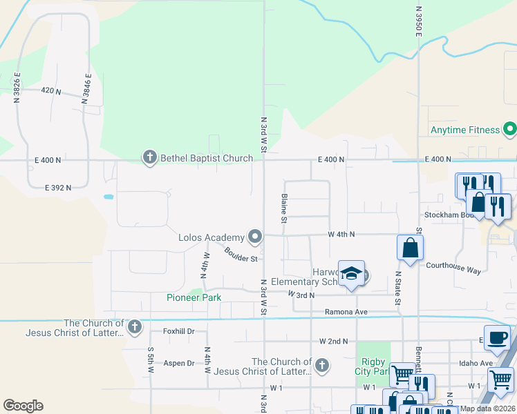 map of restaurants, bars, coffee shops, grocery stores, and more near 597 N 3rd W in Rigby