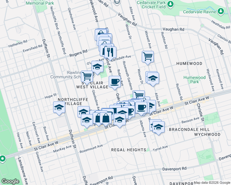 map of restaurants, bars, coffee shops, grocery stores, and more near 224 Oakwood Avenue in Toronto